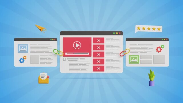 Powerful Link Building Strategies, Higher Rankings, Strong Backlinks, Organic Traffic Growth, Better Visibility, Improved SEO. Video Content Page Linked to Others Websites. 4K 3D Video Animation