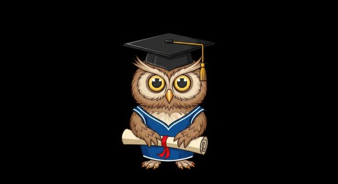 Cartoon owl graduation with diploma on black background