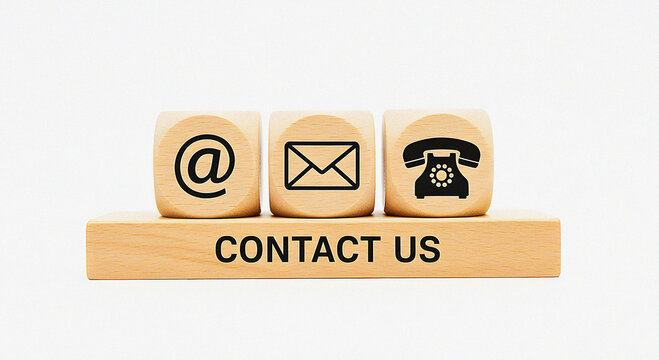 Contact Us Symbols on Wooden Blocks: Communication Options for Business and Customer Service Get in Touch Concept Representing Email, Phone, and Address for Support