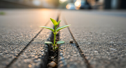 Resilience and Hope A Tiny Sprout Breaks Through Concrete, Symbolizing Life's Persistent Power and Potential for Growth