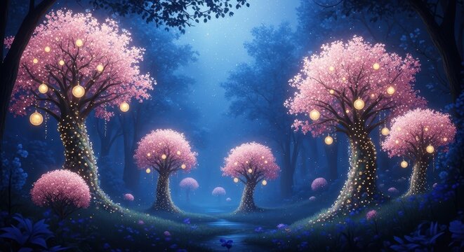 Enchanted twilight grove with blossom trees adorned with radiant orbs of light