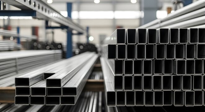 Square Metal Tubes Stacked at an Industrial Manufacturing Warehouse