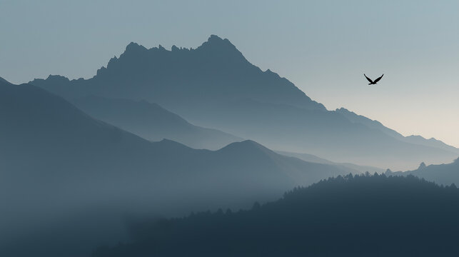 Majestic Mountain Silhouette: A breathtaking view of towering peaks enveloped in a soft, misty atmosphere, as a lone bird soars gracefully.