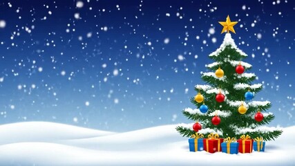A decorated evergreen tree with a star atop, sits in a snowy landscape under falling snowflakes. Gifts are below - Powered by Adobe