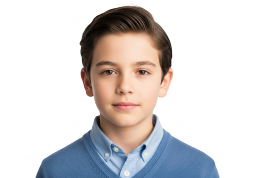 A portrait of a young man with a soft expression, wearing a blue cardigan and a light blue shirt, blue, boy, child, portrait, pose, shirt, stare, sweater, wear 