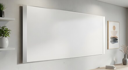 Obraz premium Blank white rectangular mockup board or large empty picture frame mounted on a light gray wall in a modern interior setting with subtle decor elements