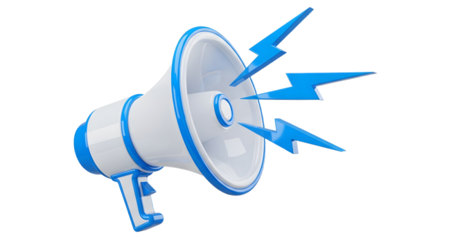 White megaphone with blue accents and lightning bolts great for promotions, announcements, marketing campaigns, sports events, and energetic designs.