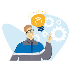 A man construction worker or engineer gets a bright idea, representing innovation and smart solutions in industry.