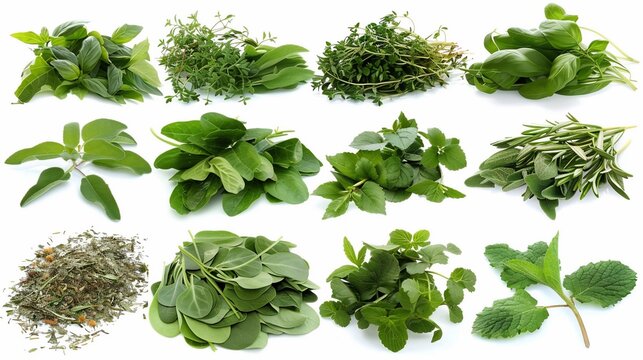 Assortment of vibrant green herbs, neatly arranged on a white background. Fresh culinary ingredients