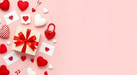 Valentines day gift box and hearts on a pink background with copy space