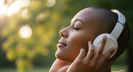 Relaxing woman wearing headphones in nature enjoying the music, feeling peaceful and serene outdoors in sunlight