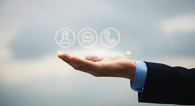 Digital Customer Service Hand Holding Communication Icons for Contact and Support Business Concept Representing Client, Chat Message, and Phone Call Options in the Cloud - Powered by Adobe