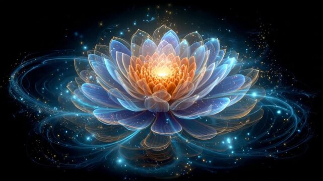 A vibrant, digital rendering of a lotus flower with blue and orange petals, surrounded by glowing, swirling energy.