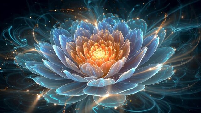 Abstract fractal flower with blue petals and orange center, glowing with light.
