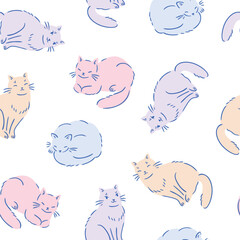 Vector funny cat seamless pattern. Hand drawn stylish dream repeat design. Animal seamless print with cats in light pastel colors. Cute bedding fabric design or wallpaper for nursery