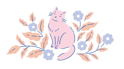 Vector illustration. Cute cat in floral branches. Stylish delicate cat print design or greeting card.
