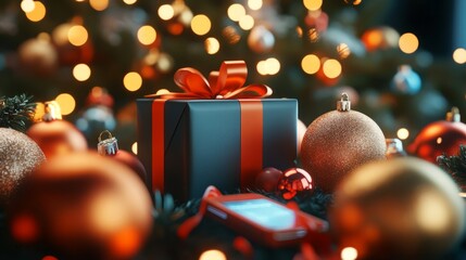 Festive gift box wrapped in red ribbon surrounded by shimmering ornaments and twinkling lights, creating a warm holiday atmosphere filled with joy and celebration during the Christmas