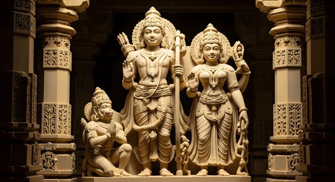 An intricately carved statue of rama, sita, and hanuman stands majestically, embodying devotion, spirituality, and the rich cultural heritage of india