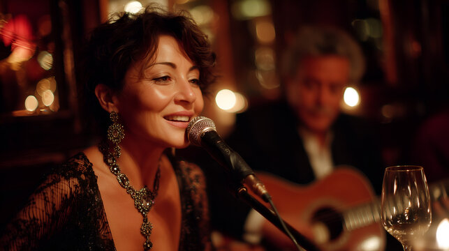 Elegant jazz singer performing live with guitarist in intimate club setting, creating a vibrant and captivating atmosphere for a sophisticated audience