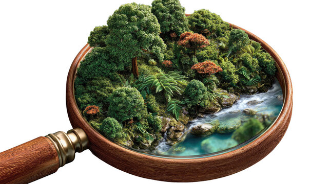 Magnifying Nature: A magnifying glass reveals a miniature ecosystem, showcasing a vibrant scene of lush forests and flowing river, inviting exploration and appreciation of natural world