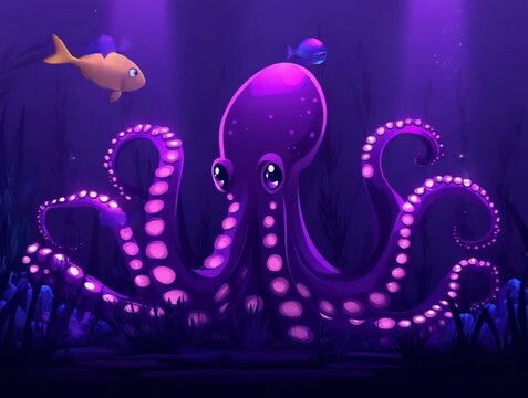 Vibrant Illustration of a Purple Octopus Swimming Underwater with Bubbles