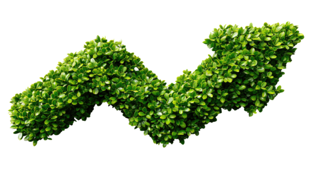 Eco-Growth: A vibrant, verdant arrow, meticulously crafted from lush foliage, symbolizes upward growth and environmental progress.