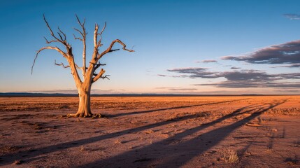 Lonely, dead tree stands sentinel in a vast, dry landscape.