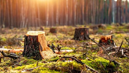 Obraz premium Tree stumps dotting the forest floor under golden sunlight, indicative of logging or deforestation activity