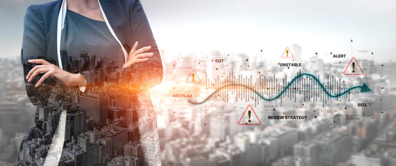 Economic caution visual showing risk alerts and financial volatility. Warning signs highlight...