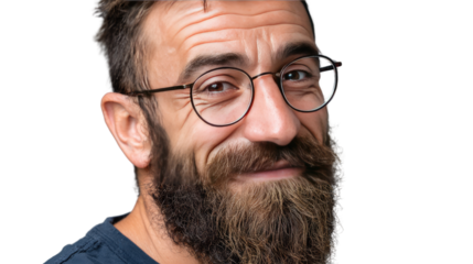 Bearded Man Smiling in Glasses: A man with a long beard and eyeglasses is captured in a portrait, his warm expression reflecting a friendly demeanor.
