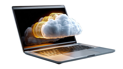 Digital Cloud Integration: A laptop displays a dynamic cloud graphic, illustrating the seamless integration of digital data within a virtual landscape.