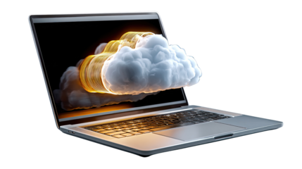 Digital Cloud Integration: A laptop displays a dynamic cloud graphic, illustrating the seamless integration of digital data within a virtual landscape.