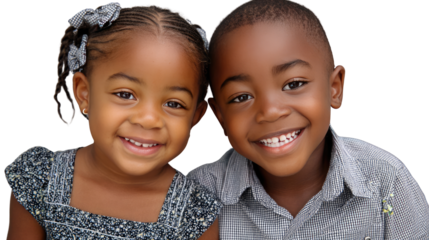 Cheerful Siblings: Two adorable children of African descent, share a warm, joyful smile, radiating pure happiness and connection.