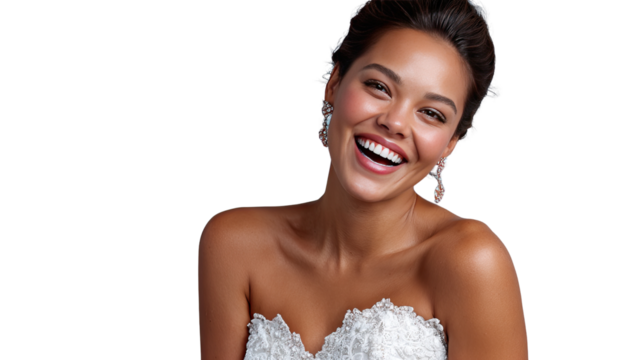 Joyful Bride's Radiant Smile: A radiant bride's portrait, her genuine happiness captured as she beams with a broad smile. The image is of pure joy.