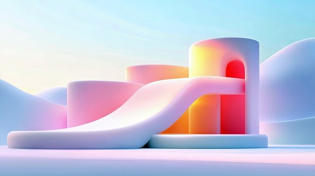 An abstract, futuristic architectural design with smooth, curved shapes and soft pastel lighting. The structure resembles a playful landscape with ramps and cyl