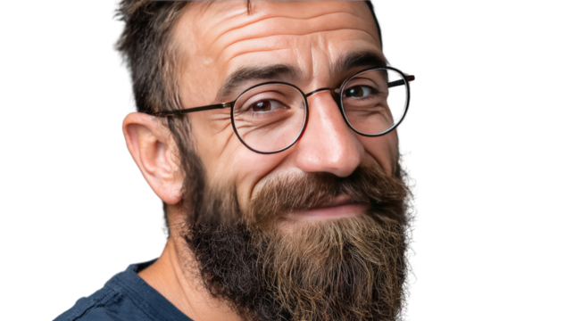 Bearded Man Smiling in Glasses: A man with a long beard and eyeglasses is captured in a portrait, his warm expression reflecting a friendly demeanor.