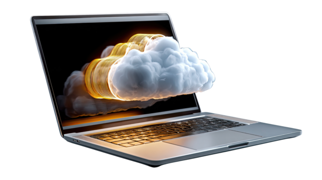 Digital Cloud Integration: A laptop displays a dynamic cloud graphic, illustrating the seamless integration of digital data within a virtual landscape.