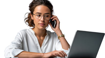 Focused Professional on the Phone: A concentrated businesswoman is engaged in a phone call, skillfully managing her laptop while looking composed, in a bright office environment.
