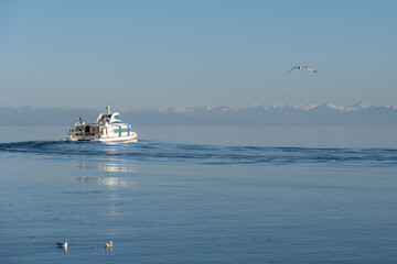 The catamaran ferry departs from the port of Constance with seagulls and snow-covered mountains in the background. Konstanz, Baden-Württemberg, Germany.