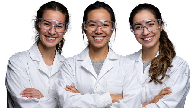 Scientific Trio: A team of female scientists, radiating confidence and knowledge. They stand arm-crossed wearing protective glasses and white coats, embodying expertise and innovation.
