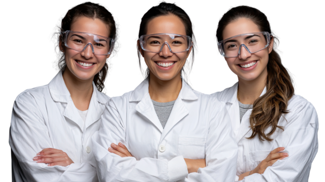 Scientific Trio: A team of female scientists, radiating confidence and knowledge. They stand arm-crossed wearing protective glasses and white coats, embodying expertise and innovation.