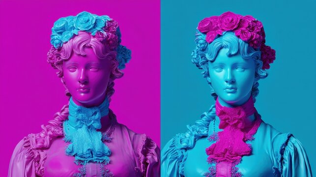 Classical female busts rendered in vibrant pop art hues - Powered by Adobe