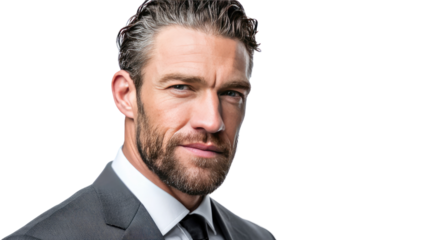 Confident Professional: A charismatic man in a tailored suit gazes directly at the viewer with an air of authority and capability.
