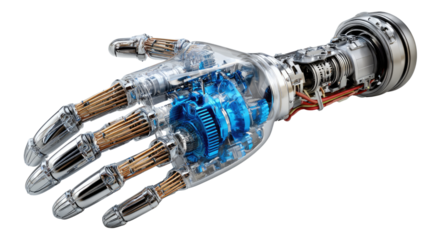 Mechanical Marvel: A detailed view of a futuristic robotic hand, showcasing the intricate gears, and the advanced technology within.
