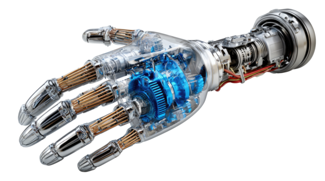 Mechanical Marvel: A detailed view of a futuristic robotic hand, showcasing the intricate gears, and the advanced technology within. 