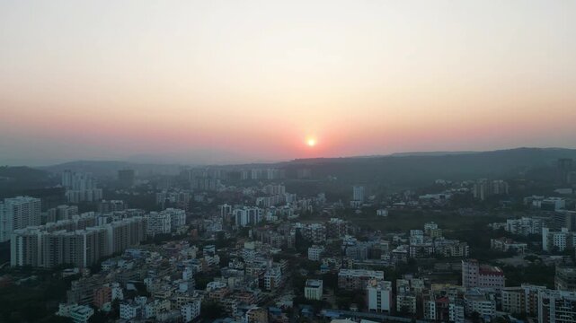 Sunset Over Indian City Skyline &ndash; Aerial 4K Drone View