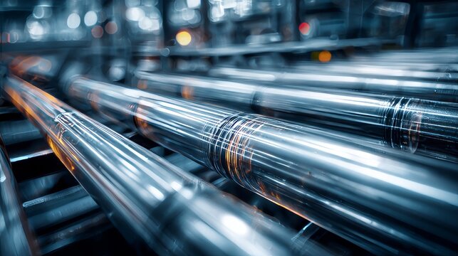 Gleaming, industrial scene showcasing parallel metal rollers, reflecting light and depth of field, with soft blurred background