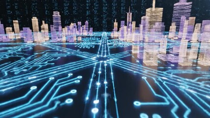 Digital cityscape glowing circuit board lines futuristic skyscraper shapes vibrant blue purple technology smart urban innovation advanced digital interface complex network pattern immersive high tech - Powered by Adobe