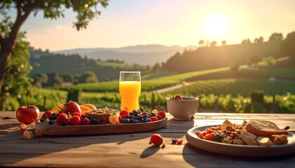 Fresh breakfast set on a wooden table overlooking vineyards and rolling hills at sunrise