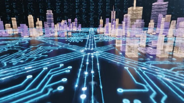 Digital cityscape glowing circuit board lines futuristic skyscraper shapes vibrant blue purple technology smart urban innovation advanced digital interface complex network pattern immersive high tech - Powered by Adobe